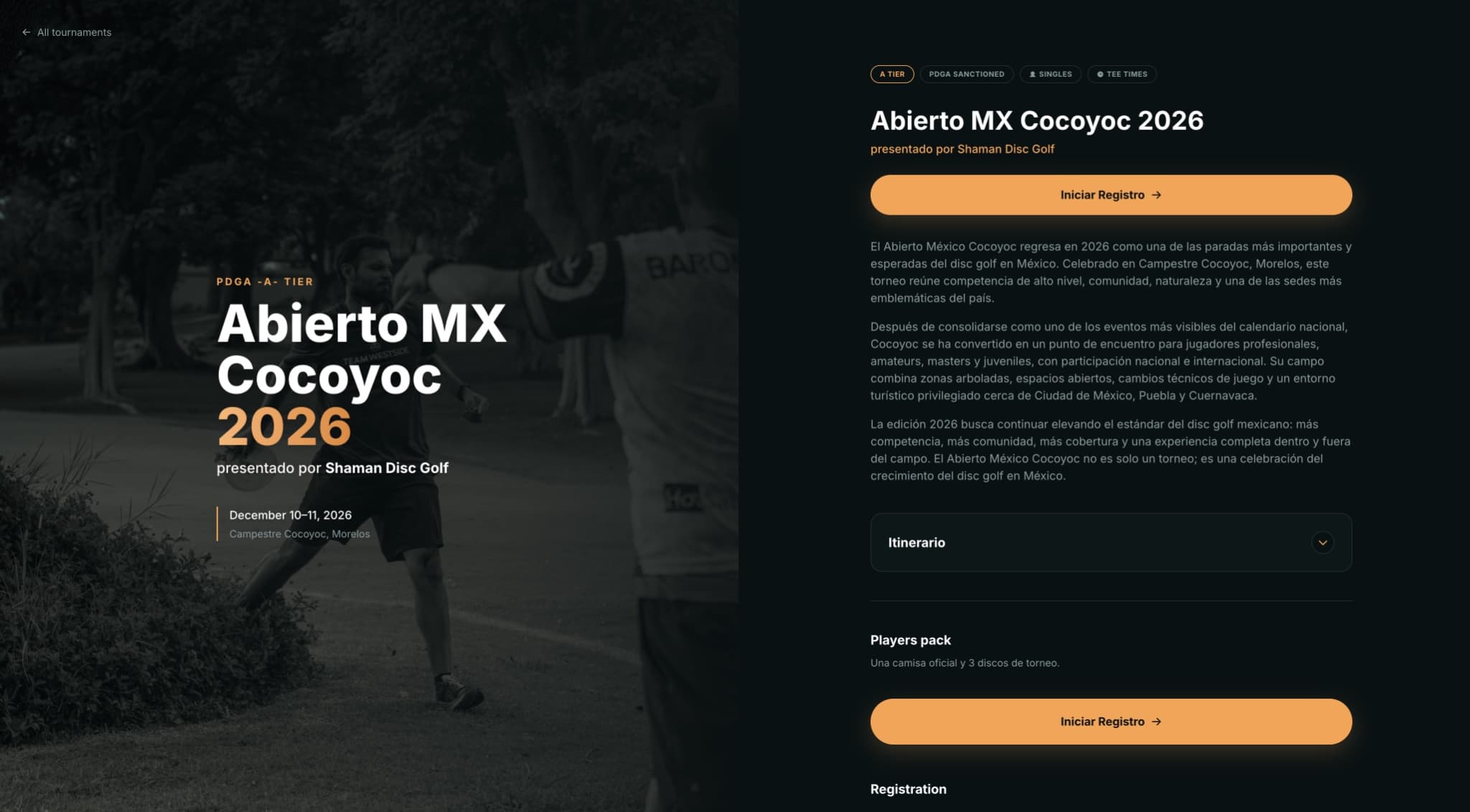 Desktop ParHub prototype showing a white-label Abierto MX Cocoyoc 2026 tournament landing page with the event identity, details, and registration calls to action.
